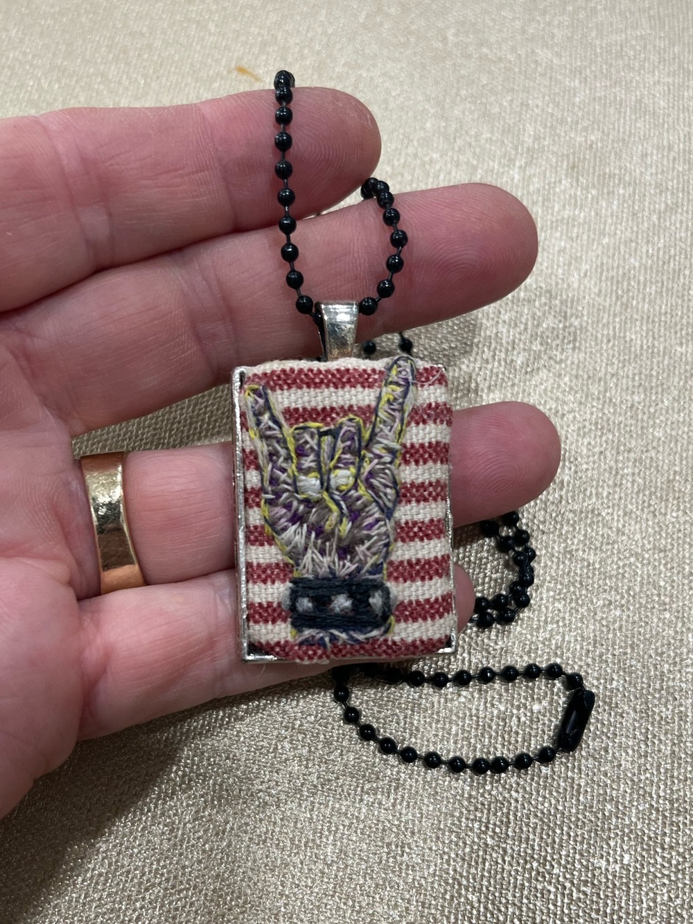 Hail Satan Hook em hand embroidered pendant and necklace